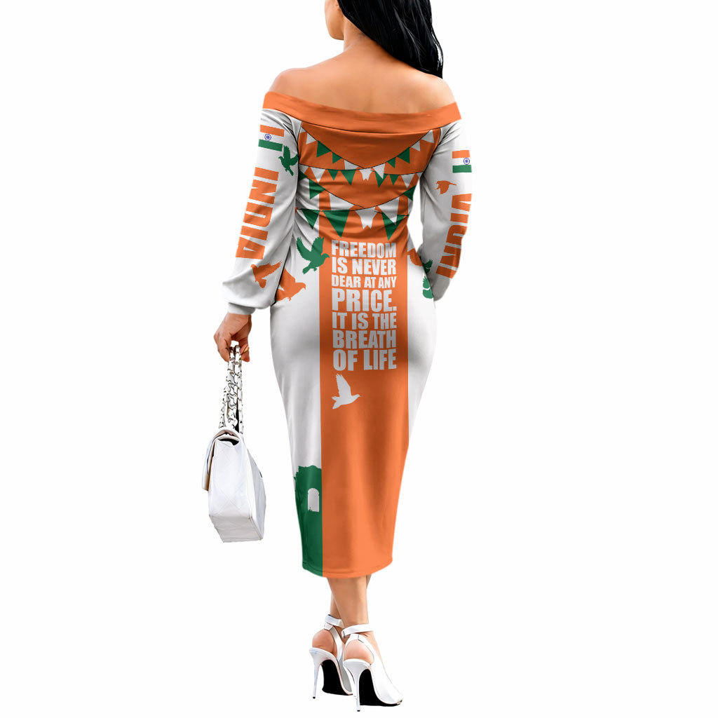 India Patriotic Freedom Off The Shoulder Long Sleeve Dress Flag Colors Raised Fist Typography Graphic