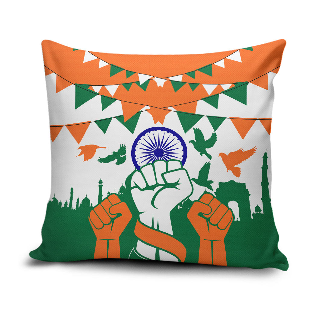 India Patriotic Freedom Pillow Cover Flag Colors Raised Fist Typography Graphic