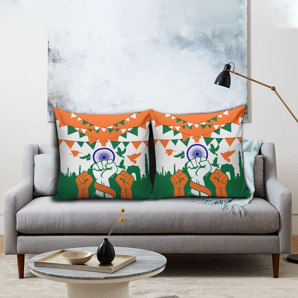 India Patriotic Freedom Pillow Cover Flag Colors Raised Fist Typography Graphic