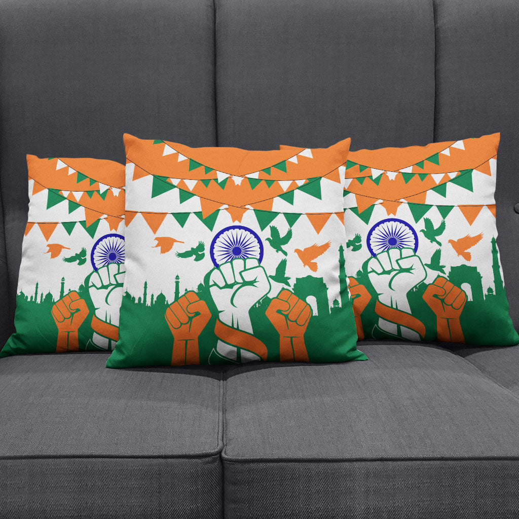 India Patriotic Freedom Pillow Cover Flag Colors Raised Fist Typography Graphic
