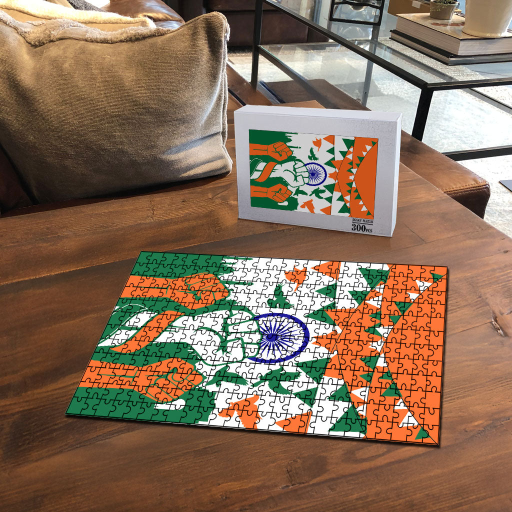 India Patriotic Freedom Puzzle Flag Colors Raised Fist Typography Graphic