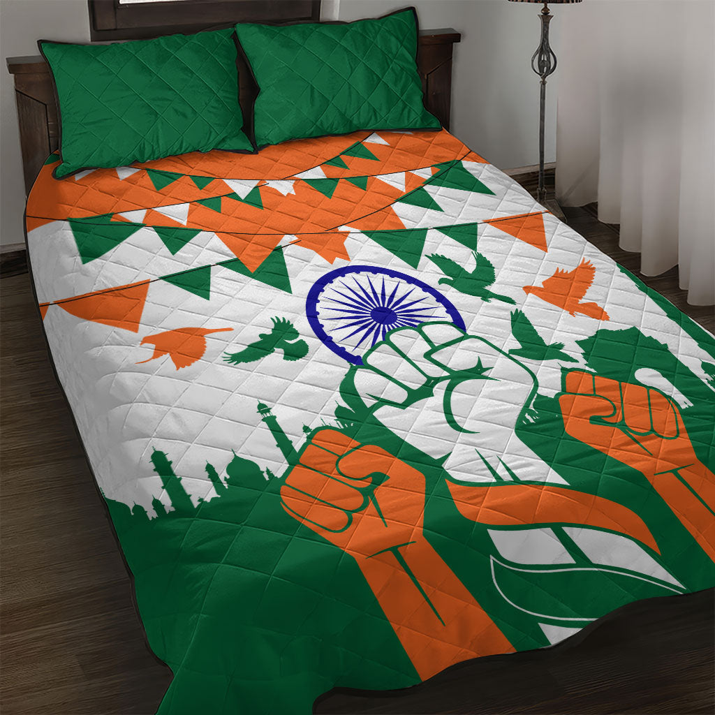 India Patriotic Freedom Quilt Bed Set Flag Colors Raised Fist Typography Graphic