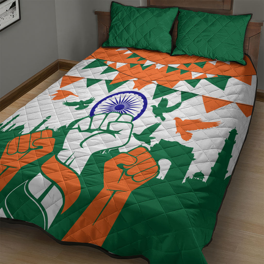 India Patriotic Freedom Quilt Bed Set Flag Colors Raised Fist Typography Graphic