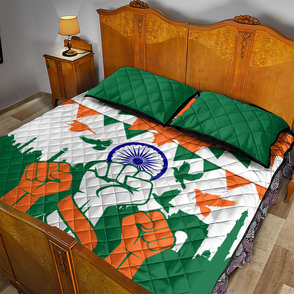 India Patriotic Freedom Quilt Bed Set Flag Colors Raised Fist Typography Graphic
