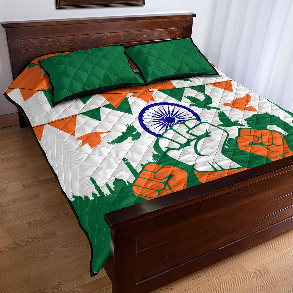 India Patriotic Freedom Quilt Bed Set Flag Colors Raised Fist Typography Graphic