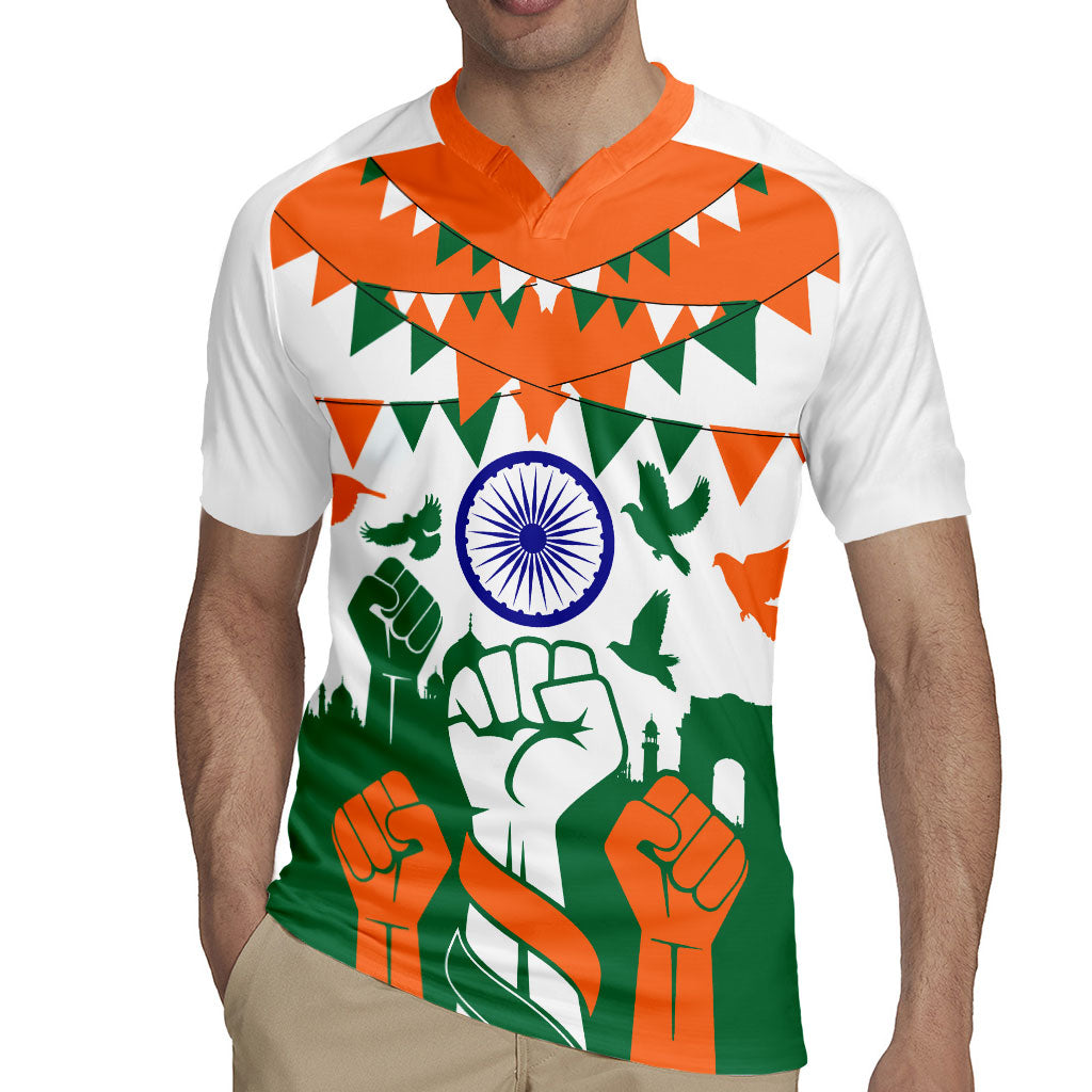 India Patriotic Freedom Rugby Jersey Flag Colors Raised Fist Typography Graphic