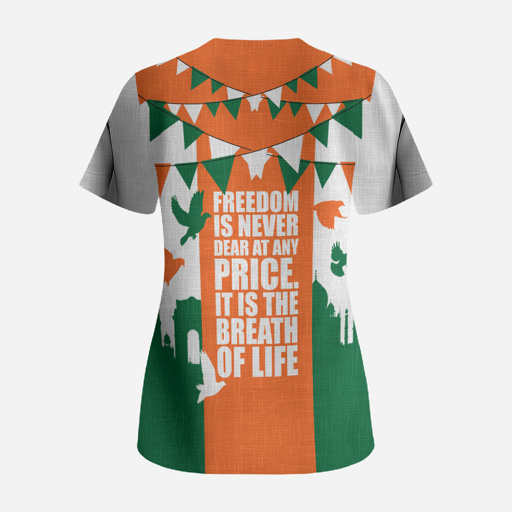 India Patriotic Freedom Scrub Top Flag Colors Raised Fist Typography Graphic