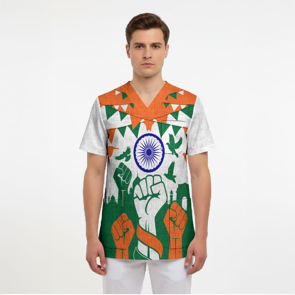 India Patriotic Freedom Scrub Top Flag Colors Raised Fist Typography Graphic