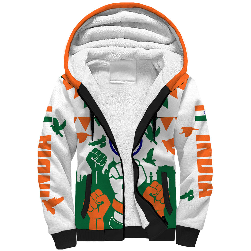 India Patriotic Freedom Sherpa Hoodie Flag Colors Raised Fist Typography Graphic