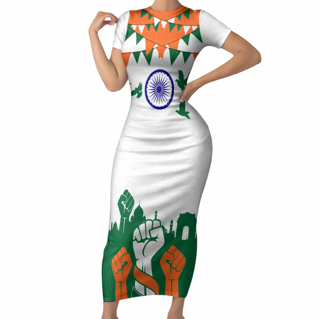 India Patriotic Freedom Short Sleeve Bodycon Dress Flag Colors Raised Fist Typography Graphic