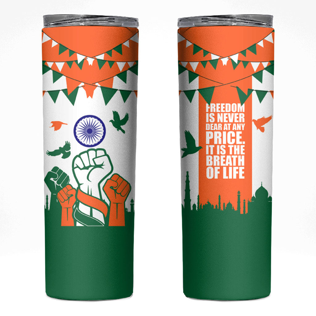 India Patriotic Freedom Skinny Tumbler Flag Colors Raised Fist Typography Graphic