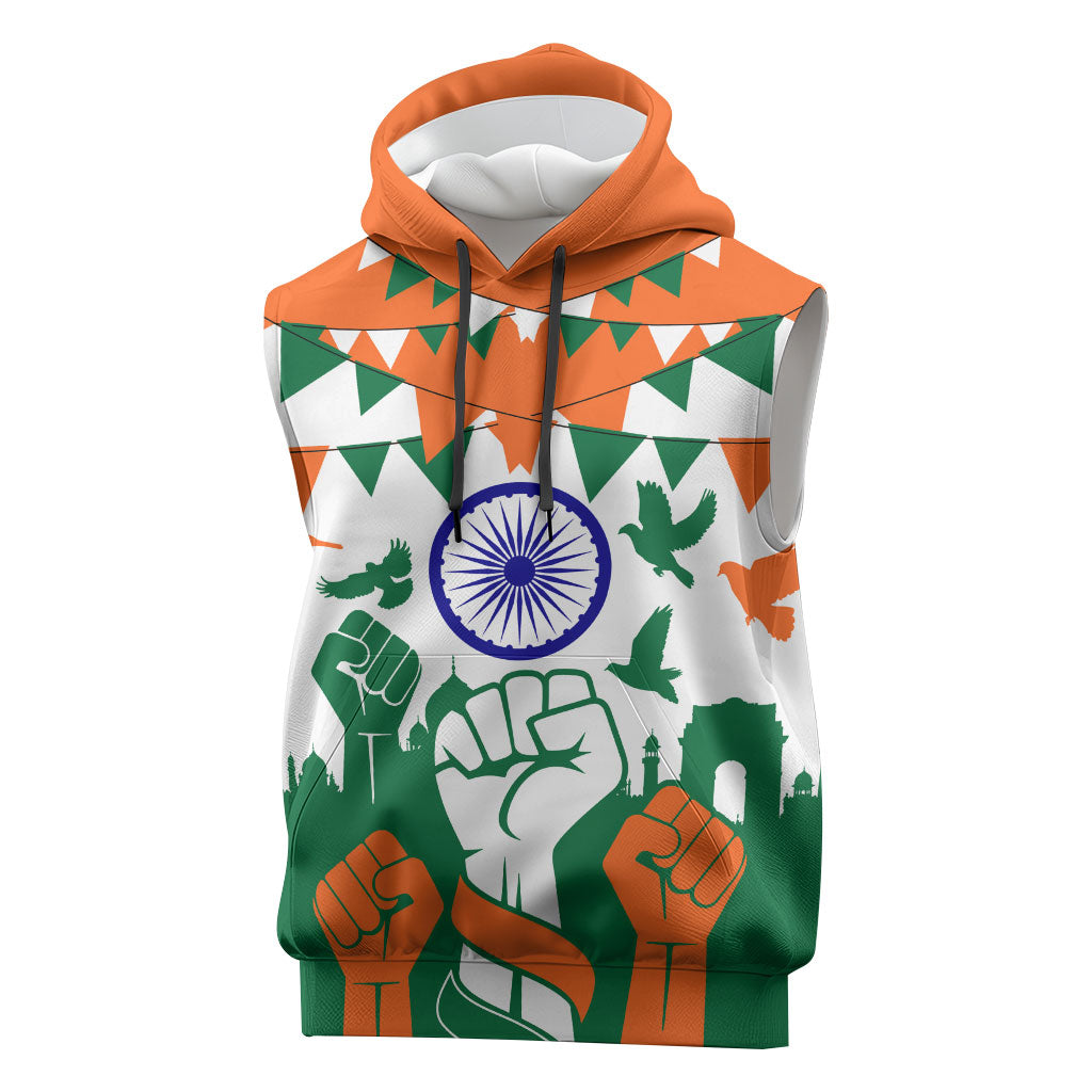 India Patriotic Freedom Sleeveless Hoodie Flag Colors Raised Fist Typography Graphic