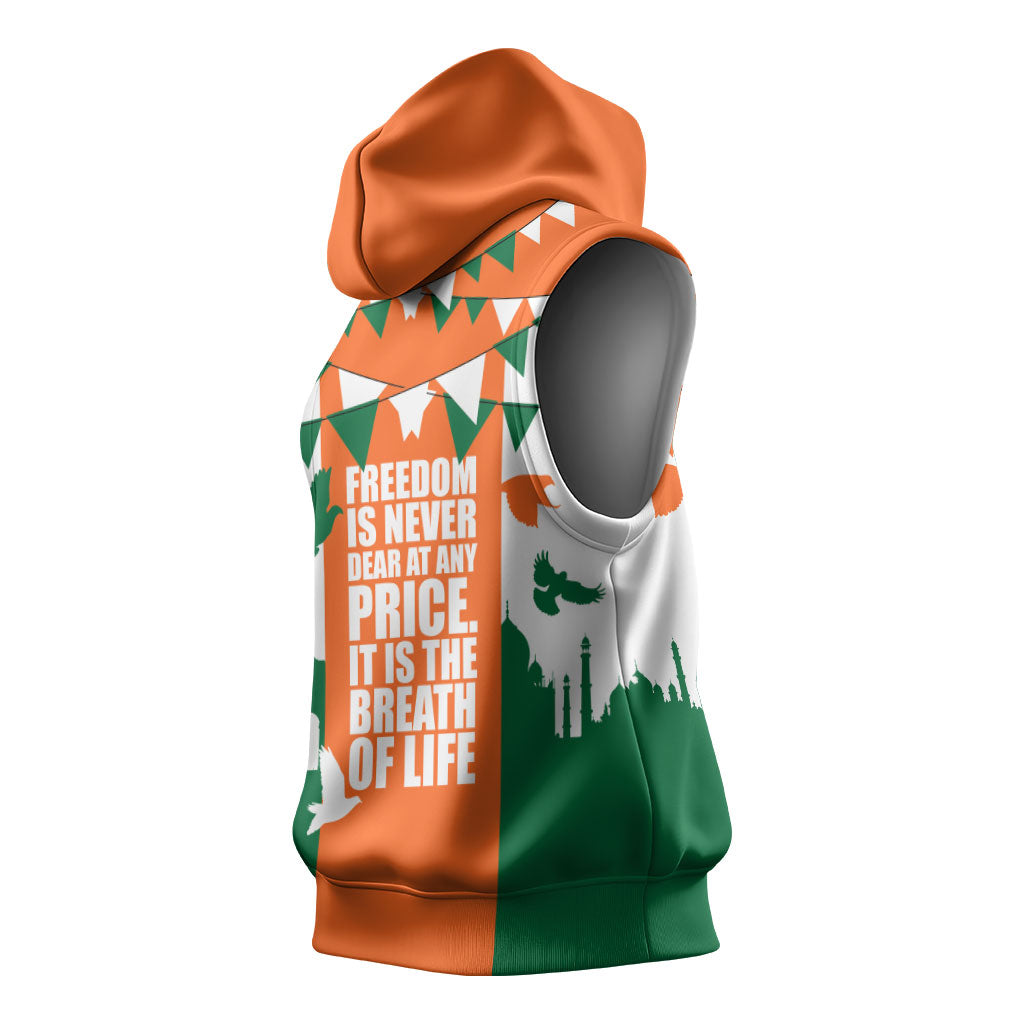 India Patriotic Freedom Sleeveless Hoodie Flag Colors Raised Fist Typography Graphic