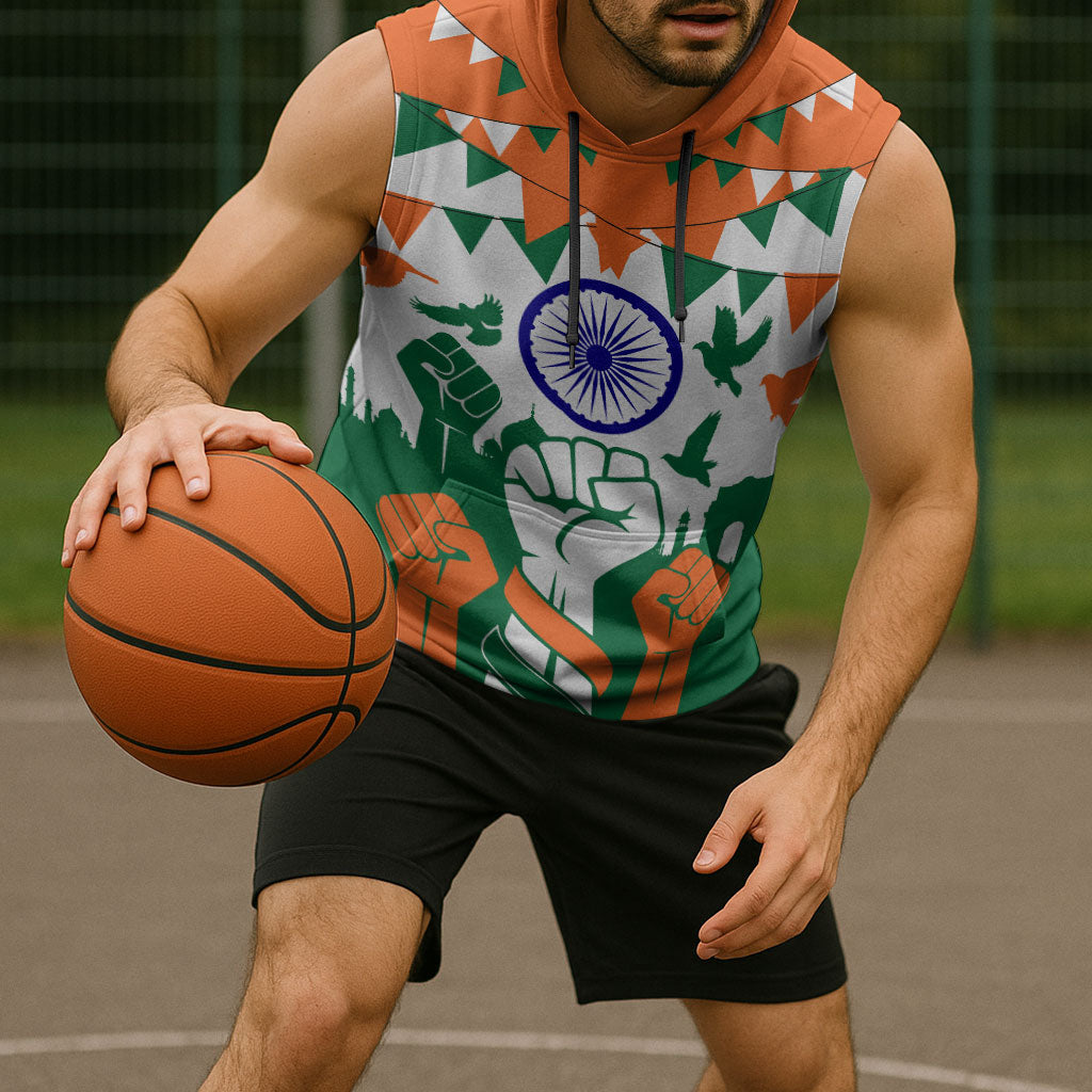 India Patriotic Freedom Sleeveless Hoodie Flag Colors Raised Fist Typography Graphic