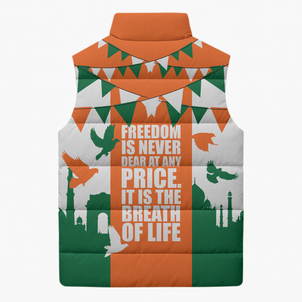 India Patriotic Freedom Sleeveless Puffer Jacket Flag Colors Raised Fist Typography Graphic