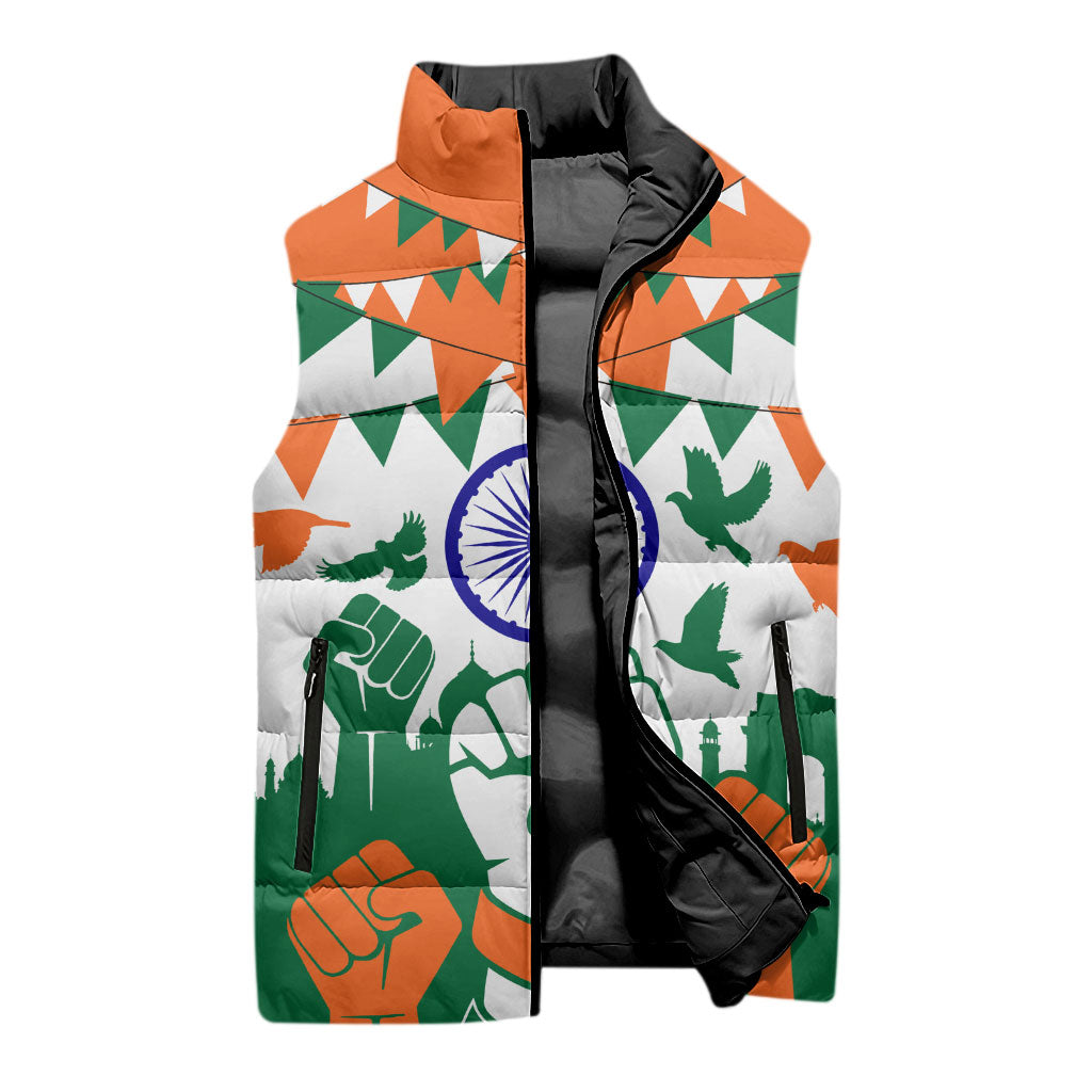 India Patriotic Freedom Sleeveless Puffer Jacket Flag Colors Raised Fist Typography Graphic