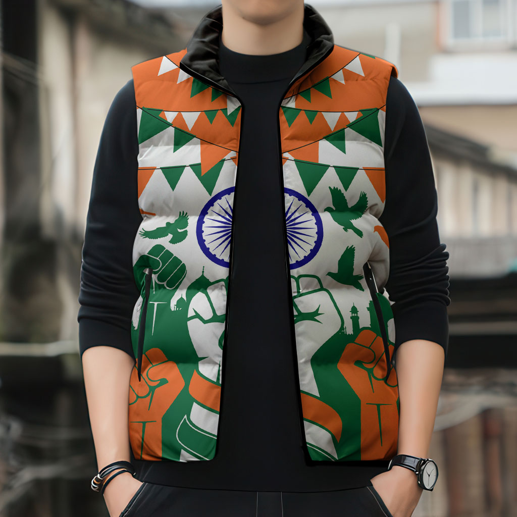 India Patriotic Freedom Sleeveless Puffer Jacket Flag Colors Raised Fist Typography Graphic
