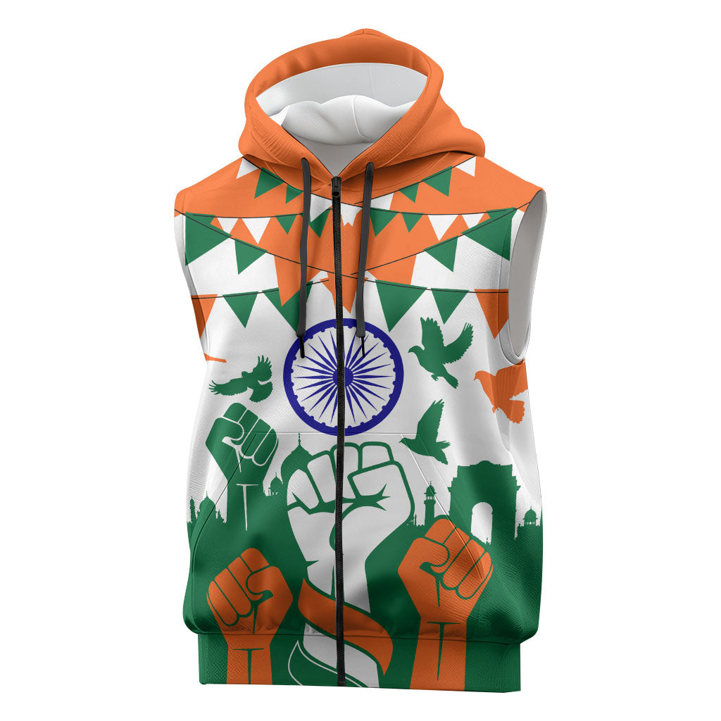 India Patriotic Freedom Sleeveless Zip Hoodie Flag Colors Raised Fist Typography Graphic
