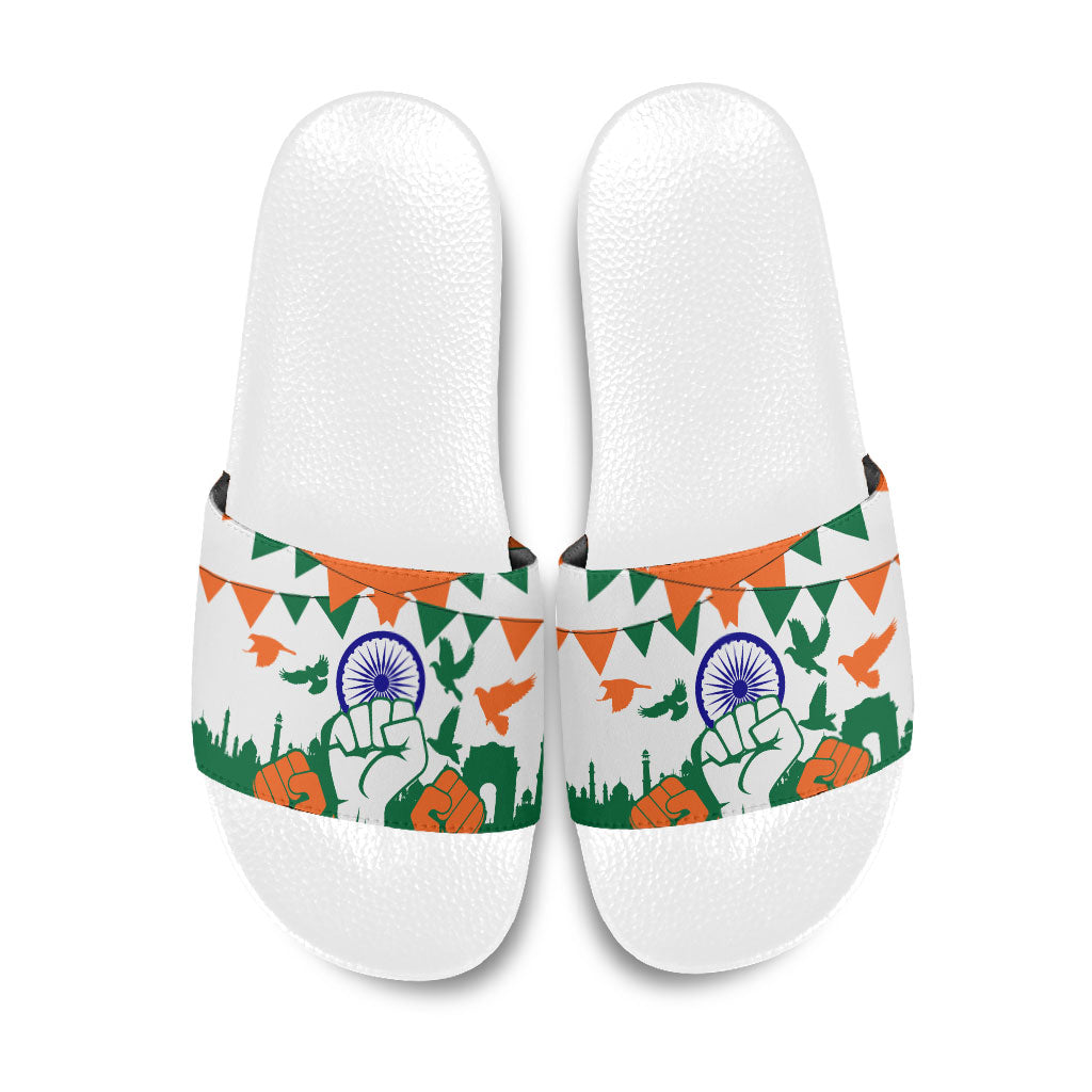 India Patriotic Freedom Slide Sandals Flag Colors Raised Fist Typography Graphic