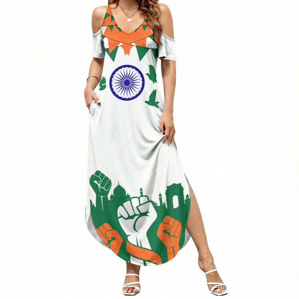 India Patriotic Freedom Summer Maxi Dress Flag Colors Raised Fist Typography Graphic
