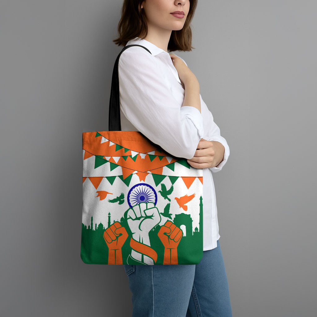 India Patriotic Freedom Tote Bag Flag Colors Raised Fist Typography Graphic
