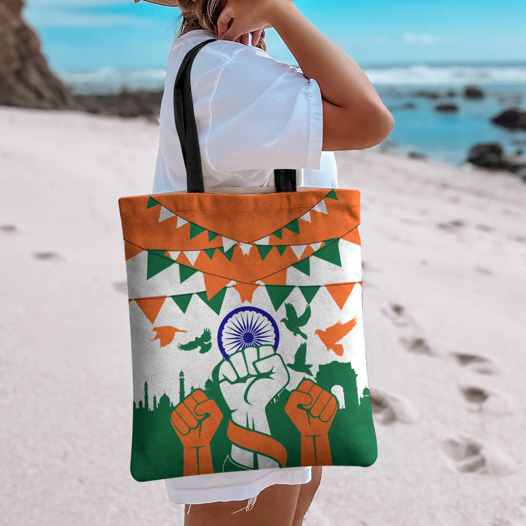 India Patriotic Freedom Tote Bag Flag Colors Raised Fist Typography Graphic
