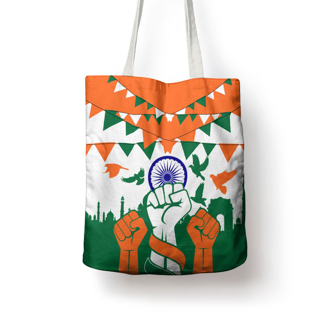 India Patriotic Freedom Tote Bag Flag Colors Raised Fist Typography Graphic