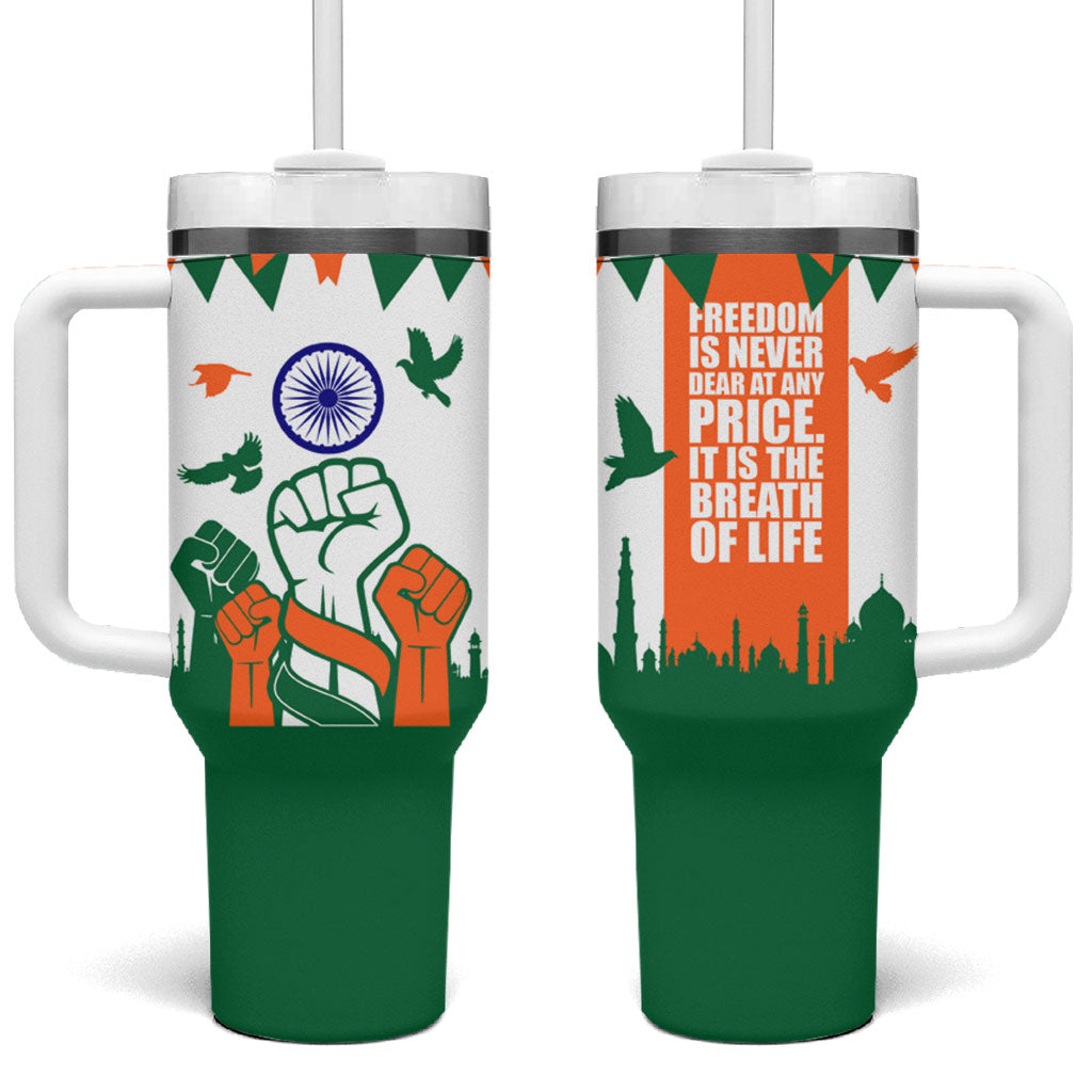India Patriotic Freedom Tumbler With Handle Flag Colors Raised Fist Typography Graphic