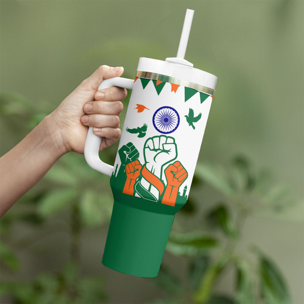 India Patriotic Freedom Tumbler With Handle Flag Colors Raised Fist Typography Graphic