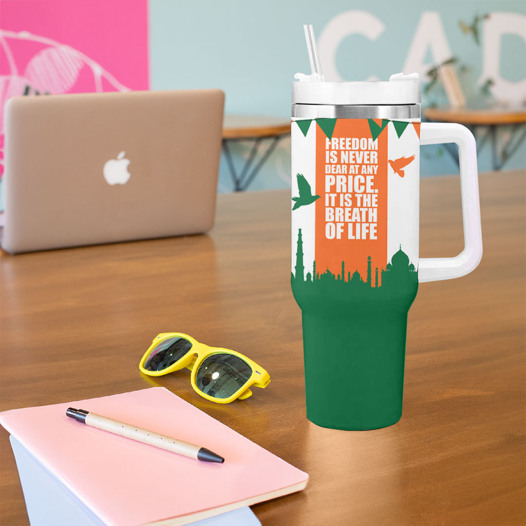 India Patriotic Freedom Tumbler With Handle Flag Colors Raised Fist Typography Graphic
