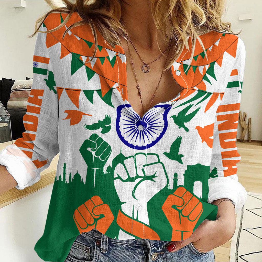 India Patriotic Freedom Women Casual Shirt Flag Colors Raised Fist Typography Graphic