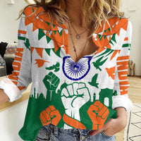 India Patriotic Freedom Women Casual Shirt Flag Colors Raised Fist Typography Graphic