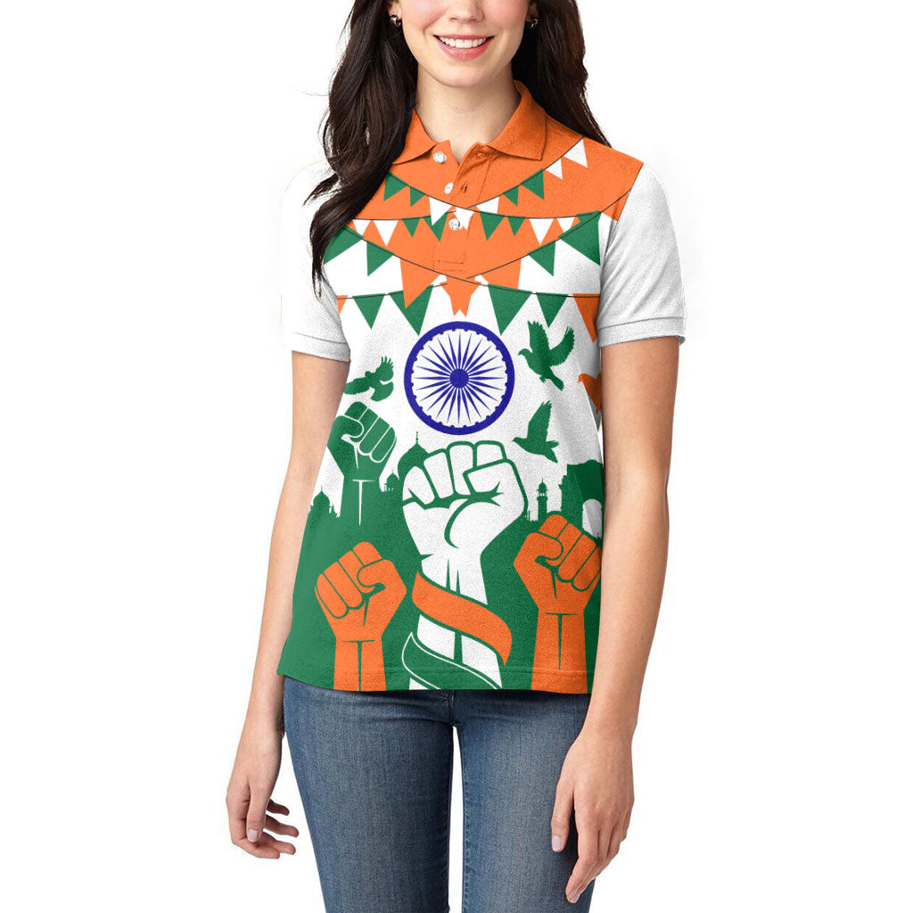 India Patriotic Freedom Women Polo Shirt Flag Colors Raised Fist Typography Graphic