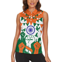 India Patriotic Freedom Women Sleeveless Polo Shirt Flag Colors Raised Fist Typography Graphic