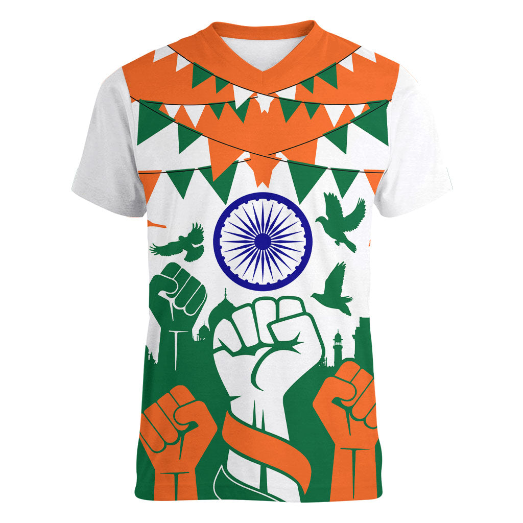 India Patriotic Freedom Women V-Neck T-Shirt Flag Colors Raised Fist Typography Graphic