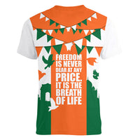 India Patriotic Freedom Women V-Neck T-Shirt Flag Colors Raised Fist Typography Graphic