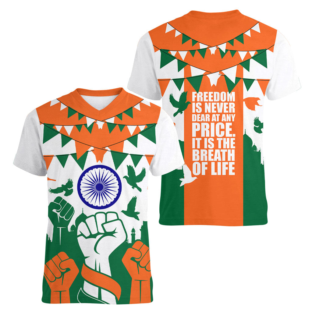 India Patriotic Freedom Women V-Neck T-Shirt Flag Colors Raised Fist Typography Graphic