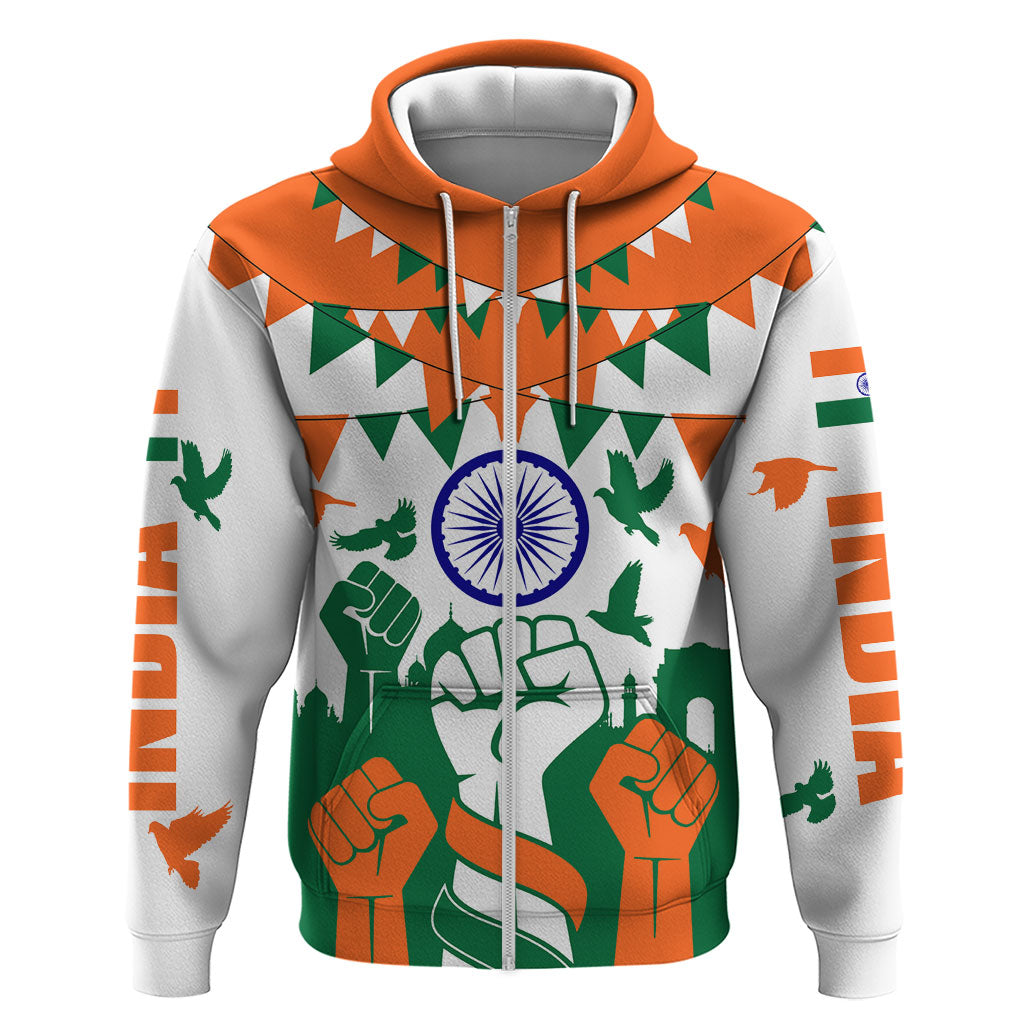 India Patriotic Freedom Zip Hoodie Flag Colors Raised Fist Typography Graphic