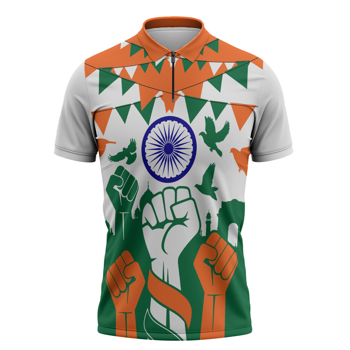 India Patriotic Freedom Zipper Polo Shirt Flag Colors Raised Fist Typography Graphic