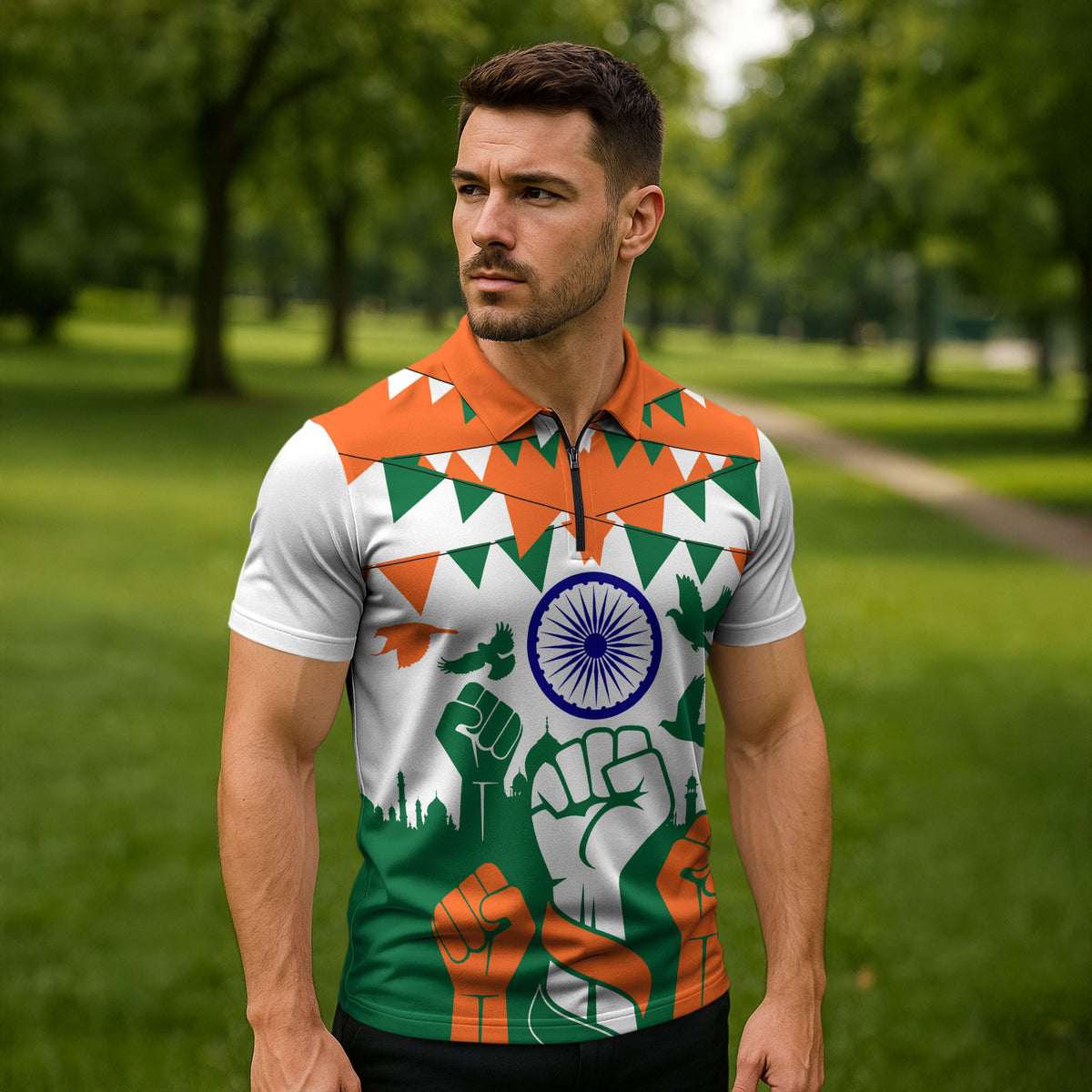 India Patriotic Freedom Zipper Polo Shirt Flag Colors Raised Fist Typography Graphic