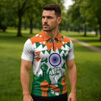 India Patriotic Freedom Zipper Polo Shirt Flag Colors Raised Fist Typography Graphic