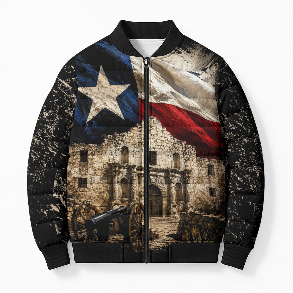 Remember The Alamo Texas Flag Bomber Puffer Jacket Distressed Historical Texan Pride