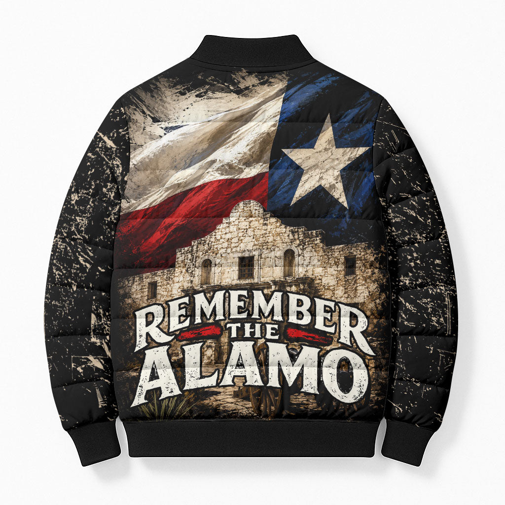 Remember The Alamo Texas Flag Bomber Puffer Jacket Distressed Historical Texan Pride