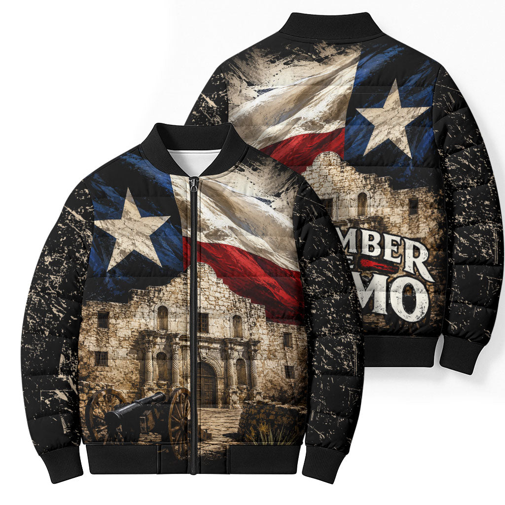 Remember The Alamo Texas Flag Bomber Puffer Jacket Distressed Historical Texan Pride