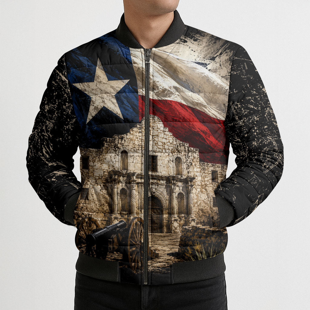 Remember The Alamo Texas Flag Bomber Puffer Jacket Distressed Historical Texan Pride