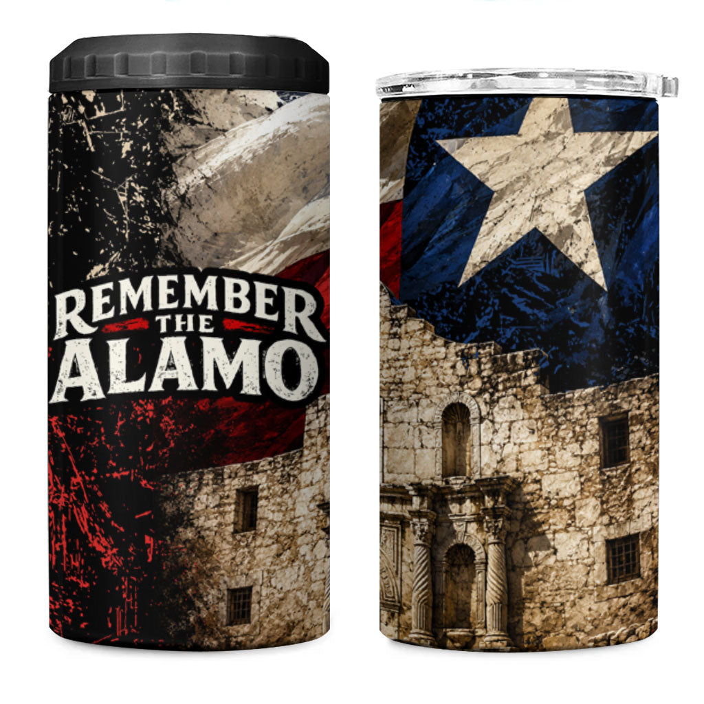 Remember The Alamo Texas Flag 4 in 1 Can Cooler Tumbler Distressed Historical Texan Pride