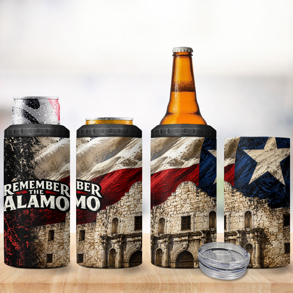 Remember The Alamo Texas Flag 4 in 1 Can Cooler Tumbler Distressed Historical Texan Pride