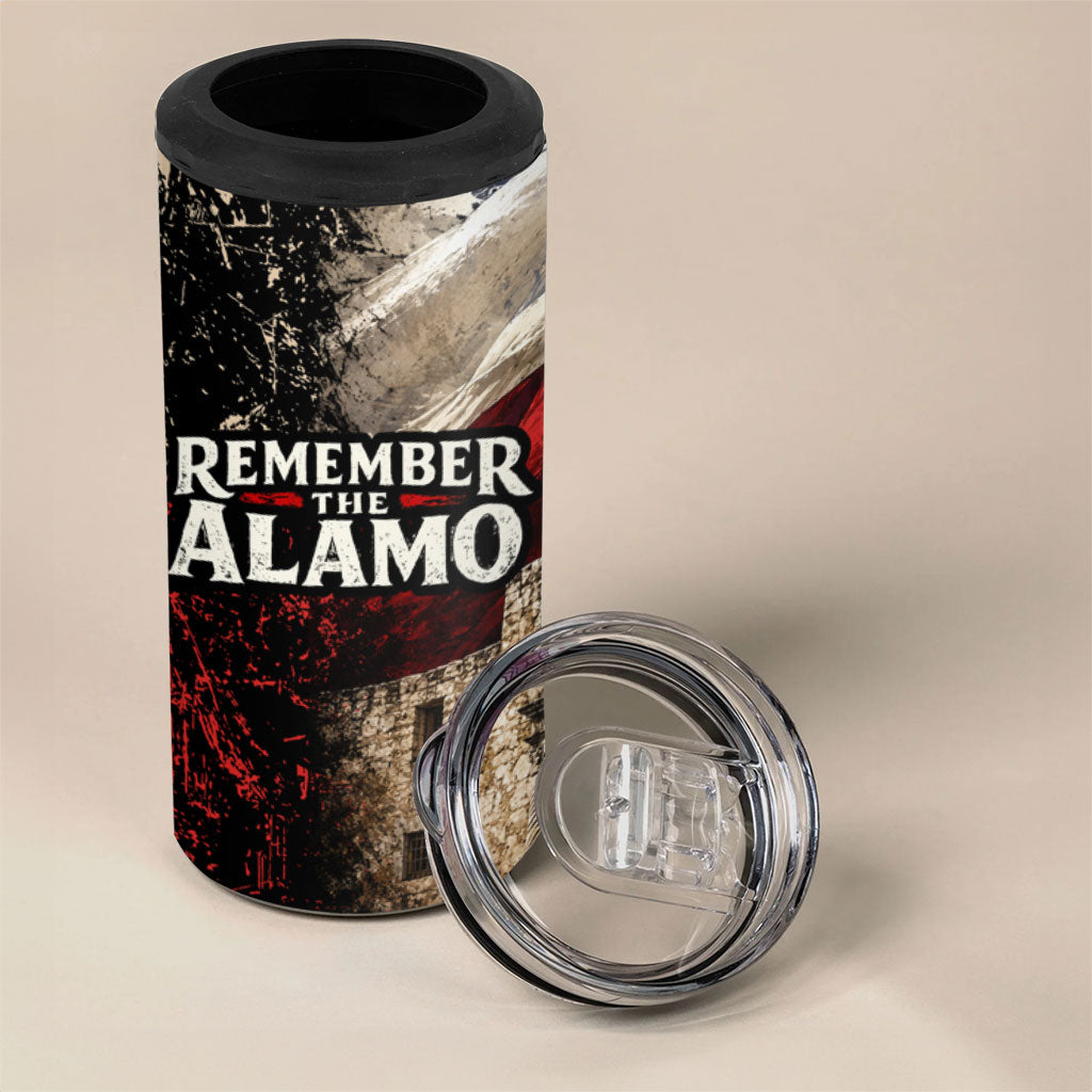 Remember The Alamo Texas Flag 4 in 1 Can Cooler Tumbler Distressed Historical Texan Pride