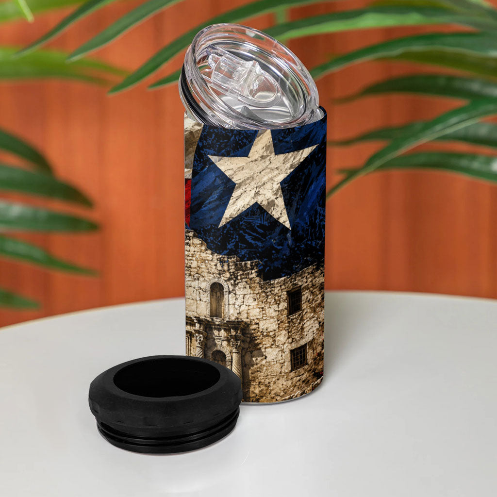 Remember The Alamo Texas Flag 4 in 1 Can Cooler Tumbler Distressed Historical Texan Pride