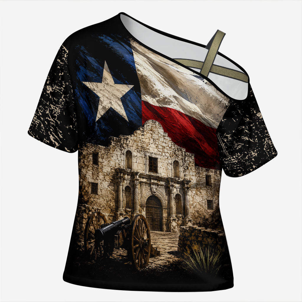 Remember The Alamo Texas Flag Cross Shoulder Shirt Distressed Historical Texan Pride